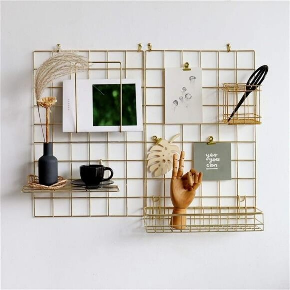 Gold Wall Grid Panel Set Photo Display Organizer with Hooks Clips 2 Pack - Picture 3 of 7